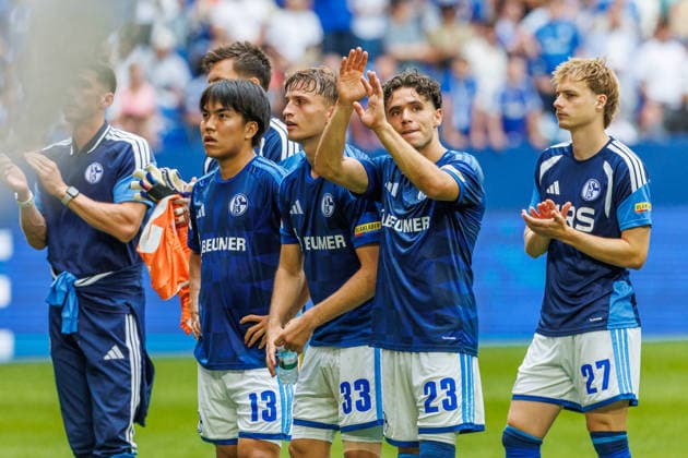 Satoshi Tanaka (FC Schalke 04), Vitalie Becker (FC Schalke 04), and Soufiane El Faouzi (FC Schalke 04) pose during the preseason friendly match between FC Schalke 04 and Real Madrid at Veltins Arena on August 16, 2026 in Gelsenkirchen, Germany. Photo by Mario Hommes, DeFodi Images