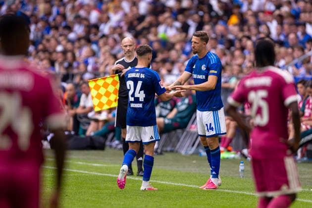 August 15, 2026, Soccer, Friendly Match: FC Schalke 04 vs. Real Madrid CF, featuring Adil Aouchiche (FC Schalke 04) and Janik Bachmann (FC Schalke 04), Gelsenkirchen, Veltins Arena, North Rhine-Westphalia, Germany, xRHR, PHOTO: DEx Copyright: DennisxEwert RHR-FOTOx RHR-FOTO DE