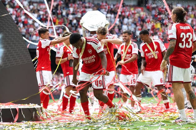 Community Shield 2026 16. August 2026, Cardiff Community Shield 2026 Fußball Arsenal gegen Manchester City Myles Lewis Skelly von Arsenal feiert den Sieg Foto: Charlotte Wilson Offside Cardiff, Großbritannien  Copyright: xCharlottexWilsonx xOffsidexOffside
