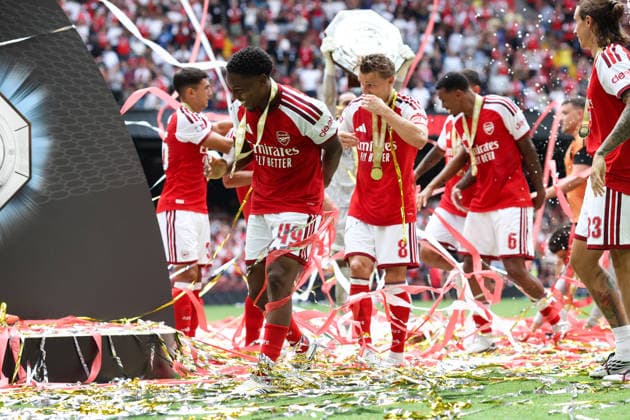 Community Shield 2026 16. August 2026, Cardiff Community Shield 2026 Fußball Arsenal gegen Manchester City Myles Lewis Skelly von Arsenal feiert den Sieg Foto: Charlotte Wilson Offside Cardiff, Großbritannien  Copyright: xCharlottexWilsonx xOffsidexOffside