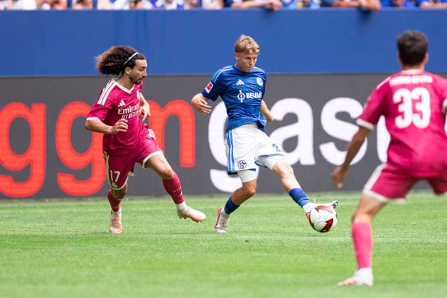 August 15, 2026, Soccer, Friendly Match: FC Schalke 04 vs. Real Madrid CF; Marc Cucurella (Real Madrid CF), Luca Vozar (FC Schalke 04); Gelsenkirchen, Veltins Arena, North Rhine-Westphalia, Germany; xRHR; PHOTO: DEx Copyright: DennisxEwert RHR-FOTOx RHR-FOTO DE