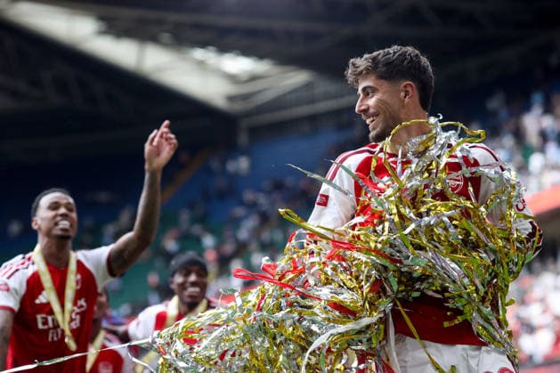 Community Shield 2026 16. August 2026, Cardiff Community Shield 2026 Fußball Arsenal gegen Manchester City Kai Havertz von Arsenal feiert den Sieg Foto: Charlotte Wilson Offside Cardiff, Großbritannien  Copyright: xCharlottexWilsonx xOffsidexOffside