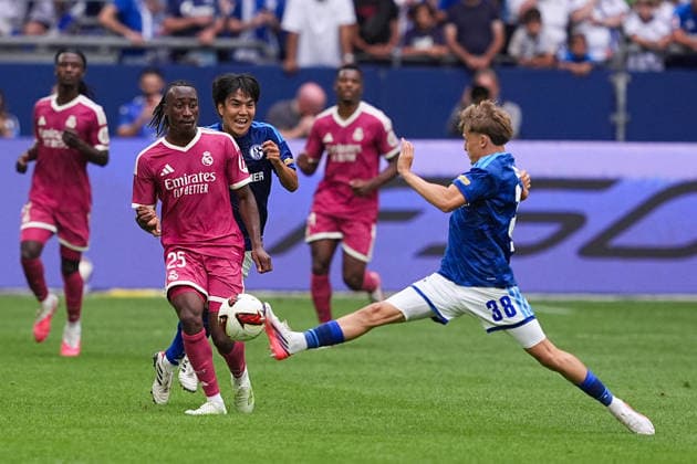 August 16, 2026, xydrx, Men s, Soccer, Friendly Match, FC Schalke 04 vs. Real Madrid, 2026–2027 Season, Veltins Arena, Yan Diomande (Real Madrid) in a tackle against Luca Vozar (FC Schalke 04) at the 25-minute mark; DFB regulations prohibit any use of photographs as image sequences and or quasi-video Copyright: HMBxMedia YannisxDreimann