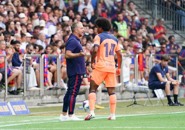 August 16, 2026, Switzerland, Basel, St. Jakob Park, Men s Soccer, 2026–2027 Season, Friendly Match: FC Basel vs. FC Barcelona, 2–5, Photo: Coach Hansi Flick, Karim Adeyemi, FC Barcelona, in action