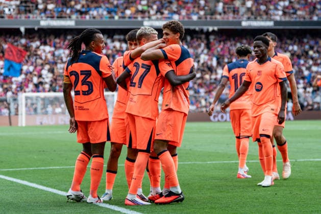 Soccer, Friendly Match: FC Basel 1893 vs. FC Barcelona, Sunday, August 16, 2026, St. Jakob Park, Basel, Switzerland. FC Barcelona celebrates after Jesse Bisiwu s goal in the 27th minute, making the score 4–2 for FC Barcelona. Goal celebration, FC Barcelona Copyright: xValentinxDomgjonix