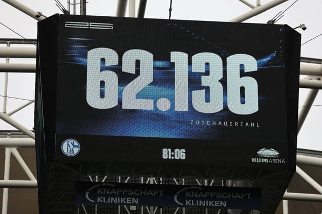 The video cube displays the attendance figure for the friendly match between FC Schalke 04 and Real Madrid CF. Copyright Thomas Pakusch Copyright: Thomas Pakusch