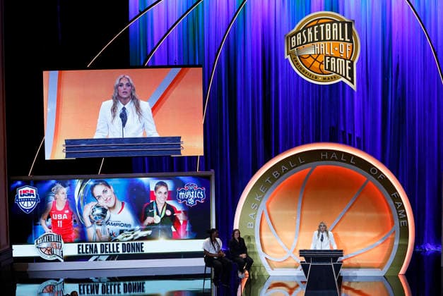 SPRINGFIELD, MA - AUGUST 15: Inductee Elana Delle Donne speaks during the 2026 Naismith Basketball Hall of Fame Enshrinement Ceremony on August 15, 2026, at Symphony Hall in Springfield, MA. (Photo by M. Anthony Nesmith Icon Sportswire) BASKETBALL: AUG 15 Basketball Hall of Fame Enshrinement Ceremony EDITORIAL USE ONLY Icon26081540