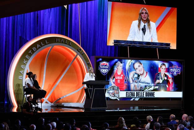 SPRINGFIELD, MA - AUGUST 15: Inductee Elana Delle Donne speaks during the 2026 Naismith Basketball Hall of Fame Enshrinement Ceremony on August 15, 2026, at Symphony Hall in Springfield, MA. (Photo by M. Anthony Nesmith Icon Sportswire) BASKETBALL: AUG 15 Basketball Hall of Fame Enshrinement Ceremony EDITORIAL USE ONLY Icon26081541