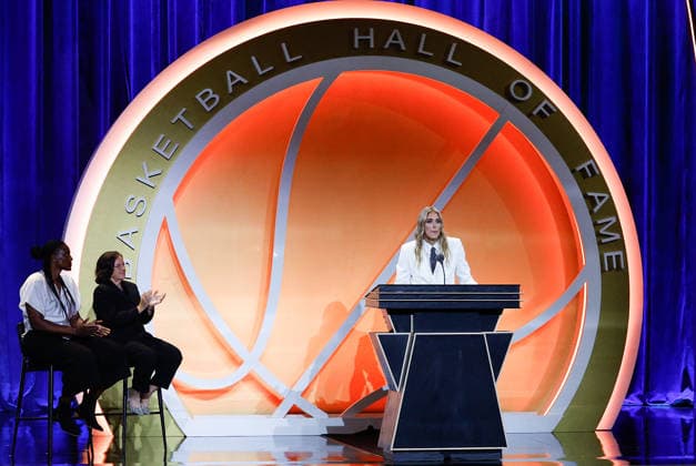 SPRINGFIELD, MA - AUGUST 15: Inductee Elana Delle Donne speaks during the 2026 Naismith Basketball Hall of Fame Enshrinement Ceremony on August 15, 2026, at Symphony Hall in Springfield, MA. (Photo by M. Anthony Nesmith Icon Sportswire) BASKETBALL: AUG 15 Basketball Hall of Fame Enshrinement Ceremony EDITORIAL USE ONLY Icon26081542