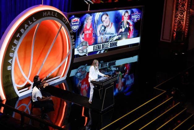 SPRINGFIELD, MA - AUGUST 15: Inductee Elana Delle Donne speaks during the 2026 Naismith Basketball Hall of Fame Enshrinement Ceremony on August 15, 2026, at Symphony Hall in Springfield, MA. (Photo by M. Anthony Nesmith Icon Sportswire) BASKETBALL: AUG 15 Basketball Hall of Fame Enshrinement Ceremony EDITORIAL USE ONLY Icon26081543