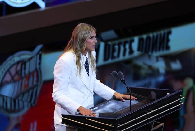 SPRINGFIELD, MA - AUGUST 15: Inductee Elana Delle Donne speaks during the 2026 Naismith Basketball Hall of Fame Enshrinement Ceremony on August 15, 2026, at Symphony Hall in Springfield, MA. (Photo by M. Anthony Nesmith Icon Sportswire) BASKETBALL: AUG 15 Basketball Hall of Fame Enshrinement Ceremony EDITORIAL USE ONLY Icon26081565