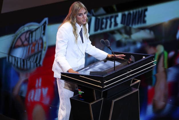 SPRINGFIELD, MA - AUGUST 15: Inductee Elana Delle Donne speaks during the 2026 Naismith Basketball Hall of Fame Enshrinement Ceremony on August 15, 2026, at Symphony Hall in Springfield, MA. (Photo by M. Anthony Nesmith Icon Sportswire) BASKETBALL: AUG 15 Basketball Hall of Fame Enshrinement Ceremony EDITORIAL USE ONLY Icon26081566