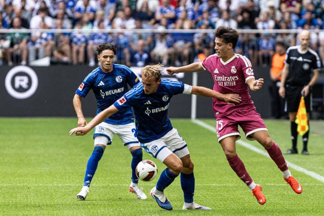 Friendly Match: FC Schalke 04 vs. Real Madrid, August 16, 2026; Timo Becker (FC Schalke 04, 5), Arda Güler (Real Madrid, 15); Friendly Match: FC Schalke 04 vs. Real Madrid, Veltins Arena, Gelsenkirchen, August 16, 2026 Copyright: xBEAUTIFULxSPORTS Buriakovx