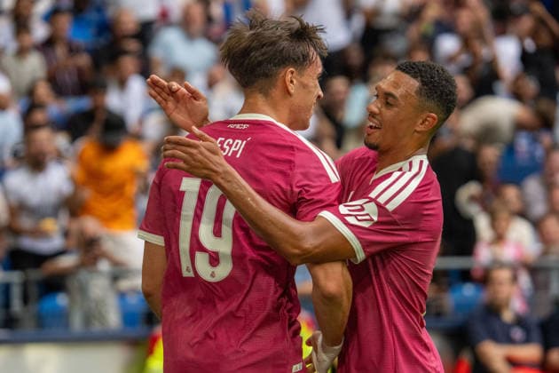 Goal scorer Carlos Espi (Real Madrid, 19) celebrates with Trent Alexander-Arnold (Real Madrid, 12), GER FC Schalke 04 vs. Real Madrid, Soccer Club Friendly Matches 2026–27, Week 33, August 16, 2026, GER FC Schalke 04 vs. Real Madrid, Soccer Club Friendly Matches 2026–27, Week 33, August 16, 2026, Gelsenkirchen Copyright: xEibner-Pressefoto FabianxFriesex EP_FFE