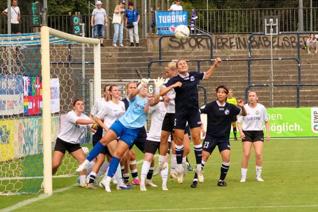 August 16, 2026, FSV Babelsberg 74 vs. Turbine Potsdam, Women, DFB Cup First Round, Karl Liebknecht Stadium, Scramble in the penalty area by FSV Potsdam Brandenburg, Germany