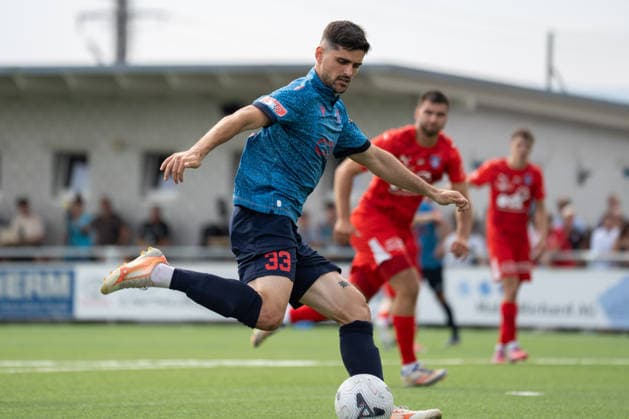 KERZERS, FRIBOURG, SWITZERLAND - AUGUST 16: Rilind Nivokazi of FC Sion takes a shot during the Swiss Cup first round match between FC Kerzers and FC Sion at Stadion Erli on August 16, 2026 in Kerzers, Fribourg, Switzerland. Copyright: xLivioxBaeriswylx xSPPx Sportspressphoto_SPR209023