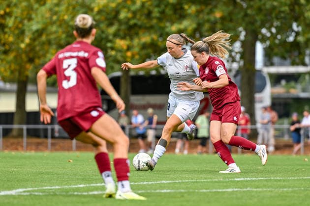 August 16, 2026, Soccer, 2026–2027 DFB Women’s Cup Playoffs, Fortuna Cologne vs. SG 99 Andernach: Zahara Wehbrink (Andernach) and Anna Grassinger (Fortuna Cologne) battle for the ball