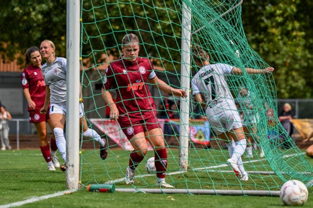 August 16, 2026, Soccer, 2026–2027 DFB Women s Cup Playoffs, Fortuna Köln vs. SG 99 Andernach. Goal scorers: Isabel Pfeiffer (No. 21, Andernach) and Carolin Schraa (No. 7, Andernach)