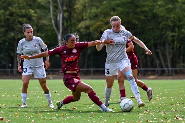 August 16, 2026, Soccer, 2026–2027 DFB Women s Cup Playoffs, Fortuna Cologne vs. SG 99 Andernach; Emma Gumbel of Fortuna Cologne tries to stop Vanessa Zilligen (No. 15, Andernach) from advancing