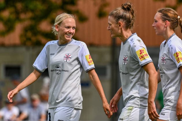 August 16, 2026, Soccer, 2026–2027 DFB Women s Cup Playoffs, Fortuna Köln vs. SG 99 Andernach; Andernach s goal scorers: Isabel Pfeiffer (left) and Carolin Schraa (center)