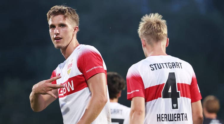 August 16, 2026, Germany, Aspach: VfB Stuttgart II vs. FC Viktoria Köln. Goal scorer Oliver Rölke of VfB (left) celebrates his goal to tie the game at 1–1.