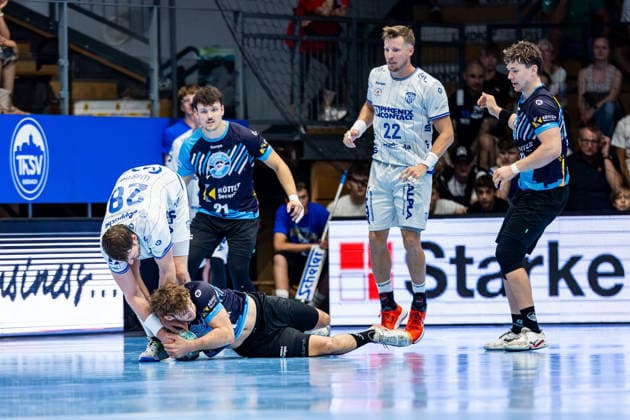 August 16, 2026, GER, Handball, Men, Season 26–27, Wartburg Cup presented by Koetter Security, ThSV Eisenach vs. TBV Lemgo Lippe, Hendrik Wagner (TVB Lemgo Lippe), Stephan Seitz (ThSV Eisenach), 44 99817 Eisenach, Werner Assmann Hall, Am Sportpark, Thuringia, Germany
