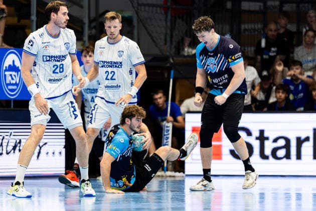 August 16, 2026, GER, Men s Handball, 2026–2027 Season, Wartburg Cup presented by Koetter Security, ThSV Eisenach vs. TVB Lemgo Lippe, Hendrik Wagner (TVB Lemgo Lippe), Stephan Seitz (ThSV Eisenach, 44), Tillman Leu (ThSV Eisenach, 99), Adam Nyfjaell (TVB Lemgo Lippe, 99817), Eisenach, Werner Assmann Hall, Am Sportpark, Thuringia, Germany