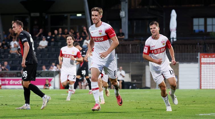 August 16, 2026, Germany, Aspach Soccer: VfB Stuttgart II vs. FC Viktoria Köln; goal scorer Oliver Rölke (VfB) in the center celebrates his goal to make it 1–1; on the right, Antonijo Janjic (VfB)