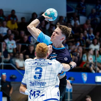 August 16, 2026, GER, Handball, Men, 2026–2027 Season, Wartburg Cup presented by Koetter Security, ThSV Eisenach vs. TBV Lemgo Lippe, Nicolai Theilinger (TVB Lemgo Lippe), Oskar Joelsson (ThSV Eisenach), 3 99817 Eisenach, Werner Assmann Hall, Am Sportpark, Thuringia, Germany
