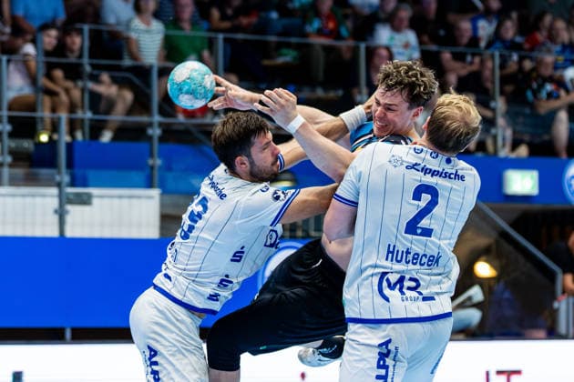 August 16, 2026, GER, Handball, Men, 2026–2027 Season, Wartburg Cup presented by Koetter Security, ThSV Eisenach vs. TVB Lemgo Lippe, Tim Suton (TVB Lemgo Lippe), Tillman Leu (ThSV Eisenach, 99), Lukas Hutecek (TVB Lemgo Lippe), 99817 Eisenach, Werner Assmann Hall, Am Sportpark, Thuringia, Germany