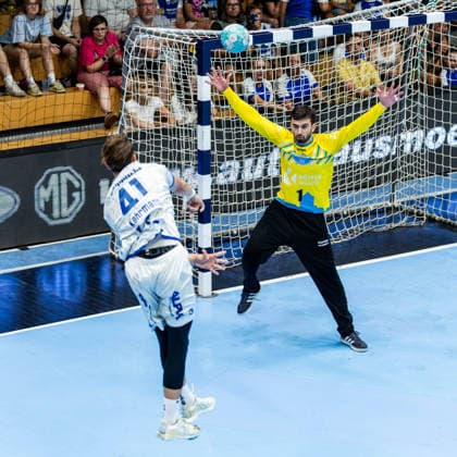August 16, 2026, GER, Handball, Men, 2026–2027 Season, Wartburg Cup presented by Koetter Security, ThSV Eisenach vs. TBV Lemgo Lippe, Len Farell Kehrmann (TVB Lemgo Lippe), Matija Spikic (ThSV Eisenach), 1 99817 Eisenach, Werner Assmann Hall, Am Sportpark, Thuringia, Germany