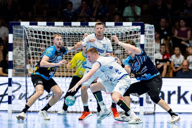 August 16, 2026, GER, Handball, Men, Season 26–27, Wartburg Cup presented by Koetter Security, ThSV Eisenach vs. TBV Lemgo Lippe, Niels Gerardus Versteijnen (TVB Lemgo Lippe), Tillman Leu (ThSV Eisenach), 99 99817 Eisenach, Werner Assmann, Halle am Sportpark, Thuringia, Germany