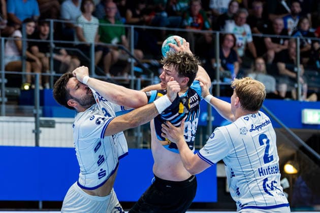 August 16, 2026, GER, Handball, Men, 2026–2027 Season, Wartburg Cup presented by Koetter Security, ThSV Eisenach vs. TVB Lemgo Lippe, Tim Suton (TVB Lemgo Lippe), Tillman Leu (ThSV Eisenach, 99), Lukas Hutecek (TVB Lemgo Lippe), 99817 Eisenach, Werner Assmann Hall, Am Sportpark, Thuringia, Germany