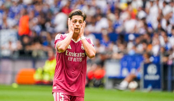 Germany Soccer Friendly Matches Clubs 2026 2027, Friendly Match FC Schalke vs. Real Madrid at VELTINS Arena in Gelsenkirchen: Facial Expressions, Emotions—Arda Güler (Real Madrid), 15 Copyright: xAymanxAlahmedx