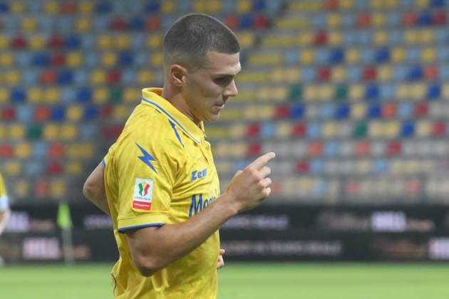 SOCCER - Coppa Italia - Frosinone Calcio vs. SS Juve Stabia Photo by IPA ABACAPRESS.COM87549690 - Giorgi Kvernadze of Frosinone Calcio celebrates after scoring the goal that made the score 1-0 during the Coppa Italia Freccia Rossa match between Frosinone Calcio and SS Juve Stabia at Benito Stirpe Stadium Frosinone Italy  Copyright: xIPAxSport ABACAx