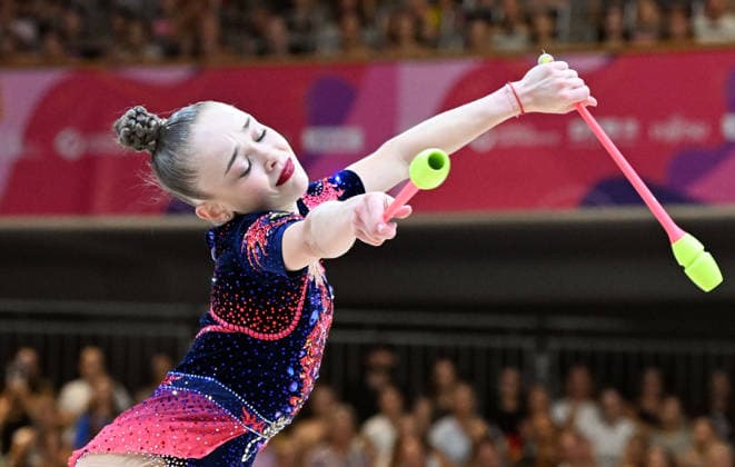 August 16, 2026, xhbx, 2026 Rhythmic Gymnastics World Championships, from left: Stiliana Nikolova (Bulgaria), Cologne, Frankfurt am Main