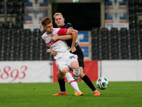 Tackle between Jordan Majchrzak (VfB Stuttgart U23, 30) and Meiko Sponsel (FC Viktoria Cologne, 19), GER, Soccer, VfB Stuttgart II vs. Viktoria Cologne, 3. Liga, Matchday 2, 2026–2027 Season, August 16, 2026 GER, Soccer, VfB Stuttgart II vs. Viktoria Cologne, 3rd Division, Matchday 2, 2026–2027 season, August 16, 2026 Aspach Copyright: xCarstenxSchweringx EP_CSG