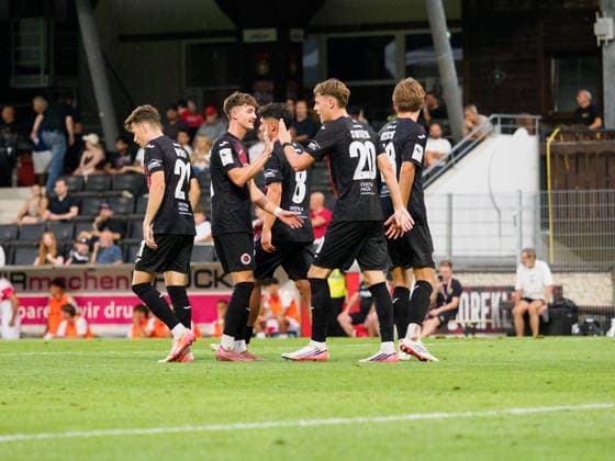 Goal celebration following an own goal by Maximilian Herwerth of VfB Stuttgart U23, 04, Niklas Swider (FC Viktoria Cologne), 20, was involved in the tackle GER, Soccer, VfB Stuttgart II vs. Viktoria Cologne, 3rd Division, Matchday 2, 2026–2027 season, August 16, 2026 GER, Soccer, VfB Stuttgart II vs. Viktoria Cologne, 3. Liga, Matchday 2, 2026–2027 season, August 16, 2026 Aspach Copyright: xCarstenxSchweringx EP_CSG