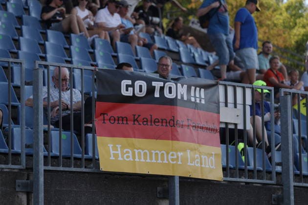 Fan banner from the Tom Kalender Fan Club Hammer Land in the main grandstand at the Nürburgring, GER, Motorsports, DTM 2026, Race 12, Race, Sunday, Nürburgring, Nürburg, Rhineland-Palatinate, August 16, 2026 GER, Motorsports, DTM 2026, Race 12, Race, Sunday, Nürburgring, Nürburg, Rhineland-Palatinate, August 16, 2026, Nürburg Copyright: xEibner-Pressefoto JuergenxAugstx EP_JAT