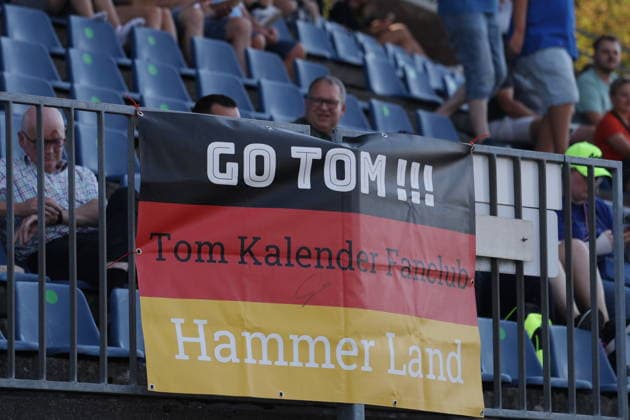 Fan banner from the Tom Kalender Fan Club Hammer Land in the main grandstand at the Nürburgring, GER, Motorsports, DTM 2026, Race 12, Race, Sunday, Nürburgring, Nürburg, Rhineland-Palatinate, August 16, 2026 GER, Motorsports, DTM 2026, Race 12, Race, Sunday, Nürburgring, Nürburg, Rhineland-Palatinate, August 16, 2026, Nürburg Copyright: xEibner-Pressefoto JuergenxAugstx EP_JAT