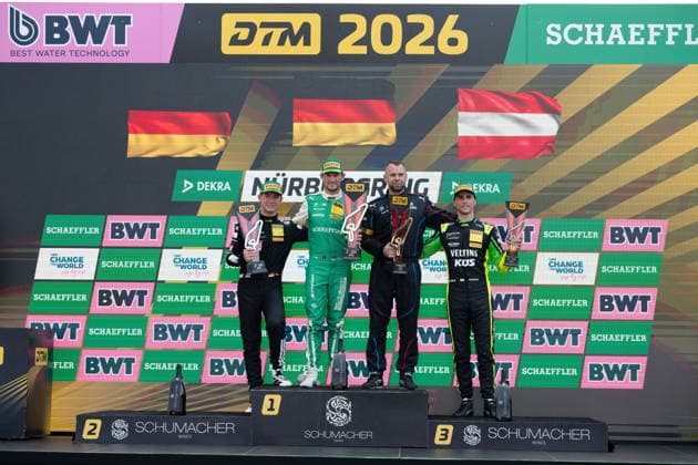 DTM Nürburgring Race 2 Sunday Winners Podium, from left: 84 Tom Kalender (GER), Mercedes-AMG GT3, Team Mercedes-AMG Team Landgraf (GER), Winner of Nürburgring Race 2 on Sunday; 11 Marco Wittmann (AUT), BMW M4 GT3 EVO, Team Schubert Motorsport (GER), Team Manager, BMW Team Schubert Motorsport (GER), 91 Thomas Preining (AUT), Porsche 911 GT3 R, Team Manthey GER GER, Motorsports, DTM 2026, Race 12, Race, Sunday, Nürburgring, Nürburg, Rhineland-Palatinate, August 16, 2026 GER, Motorsports, DTM 2026, Race 12, Race, Sunday, Nürburgring, Nürburg, Rhineland-Palatinate, August 16, 2026, Nürburg Copyright: xEibner-Pressefoto JuergenxAugstx EP_JAT