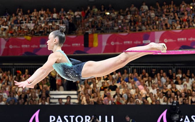 August 16, 2026, xhbx, 2026 Rhythmic Gymnastics World Championships, from left: Stiliana Nikolova (Bulgaria), hoop, Frankfurt am Main