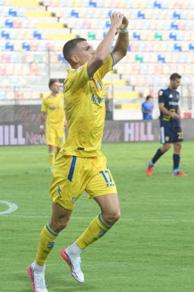 SOCCER - Coppa Italia - Frosinone Calcio vs. SS Juve Stabia Photo by IPA ABACAPRESS.COM87549698 - Giorgi Kvernadze of Frosinone Calcio celebrates after scoring the goal that made the score 1-0 during the Coppa Italia Freccia Rossa match between Frosinone Calcio and SS Juve Stabia at Benito Stirpe Stadium Frosinone Italy  Copyright: xIPAxSport ABACAx