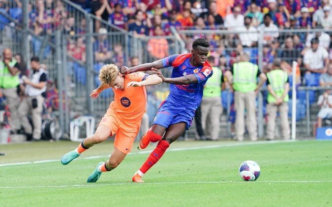 August 16, 2026 Switzerland Basel St. Jakob Park Men s Soccer 2026–2027 Season Friendly Match FC Basel vs. FC Barcelona 2–5 Photo: Methino, FC Basel vs. Fermin Lopez, FC Barcelona – Action: Tackle