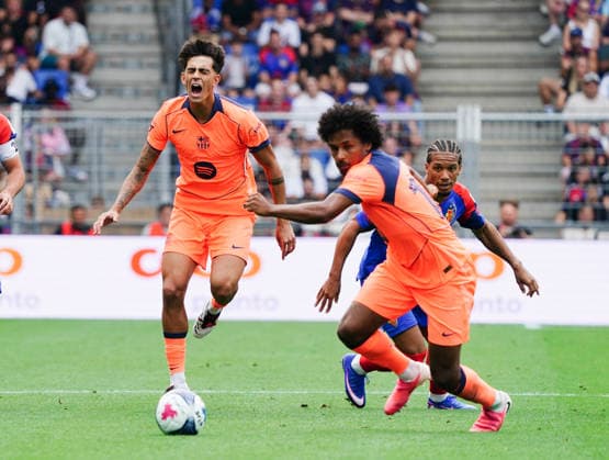 August 16, 2026, Switzerland, Basel, St. Jakob Park, Men s Soccer, 2026–2027 Season, Friendly Match: FC Basel vs. FC Barcelona, 2–5, Photo of Marc Bernal and Karim Adeyemi (FC Barcelona) in a tackle
