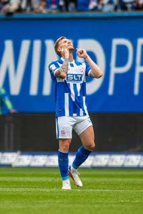 Rostock, Germany, August 16, 2026; 3. Liga 2026–2027, Matchday 2: FC Hansa Rostock vs. SV Waldhof Mannheim. Pictured: Andreas Voglsammer of Hansa Rostock celebrates after scoring the goal that made the score 1–2. Copyright: xFotostandx xVoelkerx