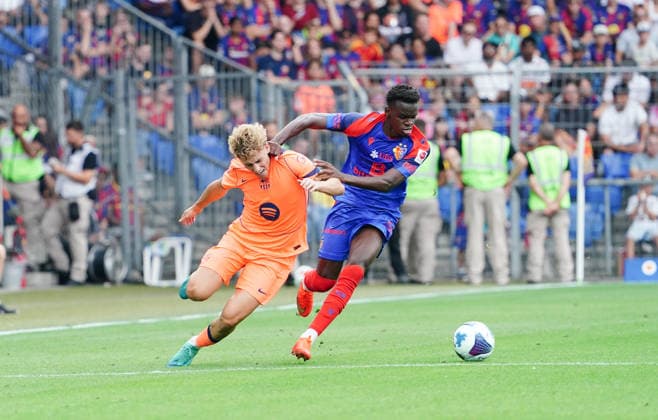 August 16, 2026 Switzerland Basel St. Jakob Park Men s Soccer 2026–2027 Season Friendly Match FC Basel vs. FC Barcelona 2–5 Photo: Methino (FC Basel) vs. Fermin Lopez (FC Barcelona) – Action: Tackle