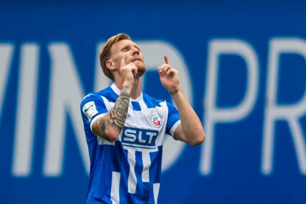 Rostock, Germany, August 16, 2026; 3. Liga 2026–2027, Matchday 2: FC Hansa Rostock vs. SV Waldhof Mannheim. Pictured: Andreas Voglsammer of Hansa Rostock celebrates after scoring the goal that made the score 1–2. Copyright: xFotostandx xVoelkerx