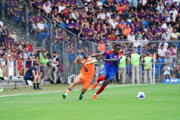 August 16, 2026 Switzerland Basel St. Jakob Park Men s Soccer 2026–2027 Season Friendly Match FC Basel vs. FC Barcelona 2–5 Photo: Methino (FC Basel) vs. Fermin Lopez (FC Barcelona) – Action: Tackle