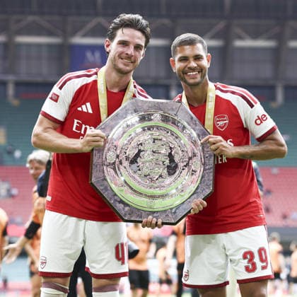 CARDIFF, WALES, AUG 16: Declan Rice and Bruno Guimaraes of Arsenal celebrates with trophy after Arsenal win the FA Community Shield match between Arsenal and Manchester City at the Millennium Stadium in Cardiff, Wales on 16th of August (photo by Qian Jun Sports Press Photo) Copyright: xQianxJun SportsxPressxPhotox Sportspressphoto_SPR209515
